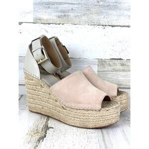 Marc Fisher Womens 9 Taupe White Adalyn Espadrille Wedge Sandals Buckle Leather